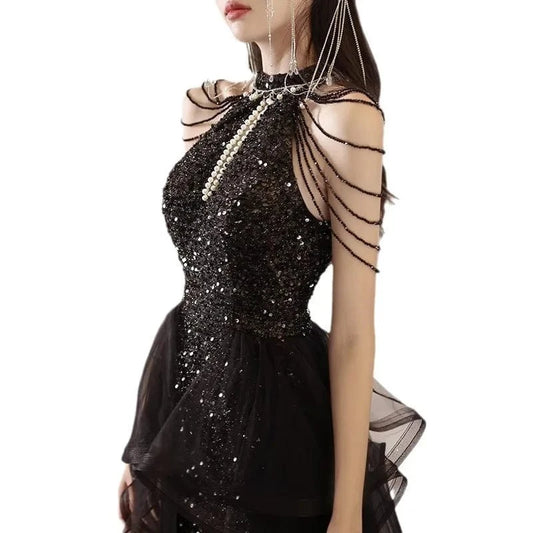 S1531T    2024 Elegant A-Line Light Luxury Evening Gown Women Long Sleeved Panton Dress Lace Decoration Chapel Train Hot-Selling