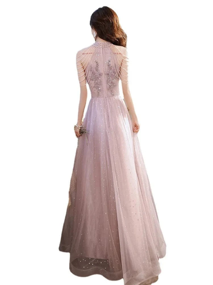 S1543T   2024 Classic Evening Dress Sexy A-Line Wrap Waistline Chapel Train Shoulder-to-Shoulder Lace Decoration Repair Features