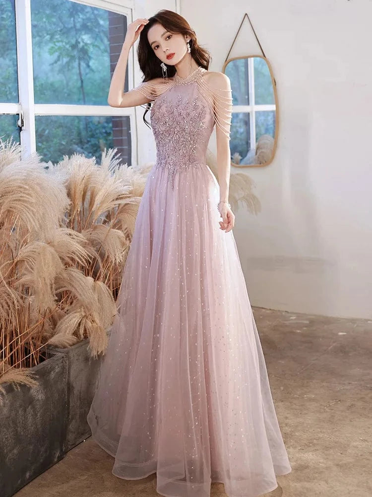 S1543T   2024 Classic Evening Dress Sexy A-Line Wrap Waistline Chapel Train Shoulder-to-Shoulder Lace Decoration Repair Features