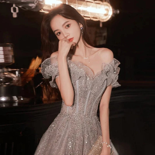 S1705R 2025 new one-shoulder elegant long temperament banquet host student art exam evening dress