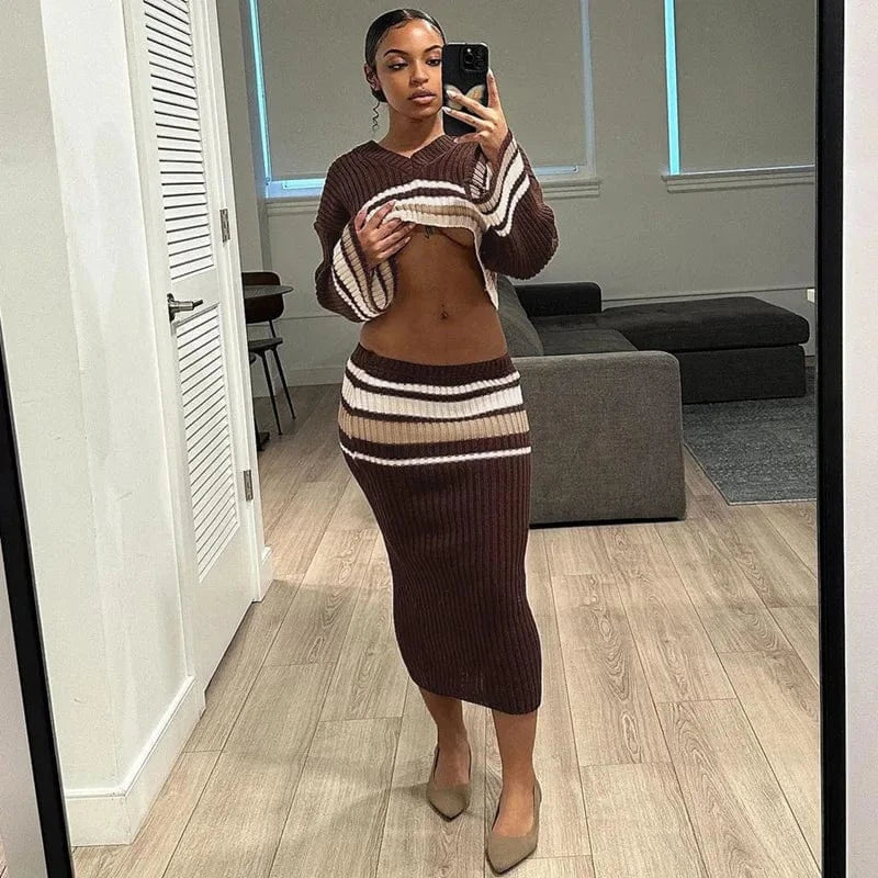 S3914101w Knitting O Neck Striped Long Sleeve High Waist Crop Top Tube Skirt Women's Sets Winter Y2k Dropshipping Casual Clothes