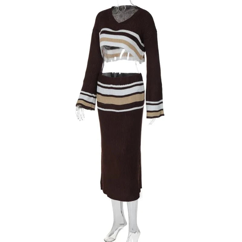 S3914101w Knitting O Neck Striped Long Sleeve High Waist Crop Top Tube Skirt Women's Sets Winter Y2k Dropshipping Casual Clothes