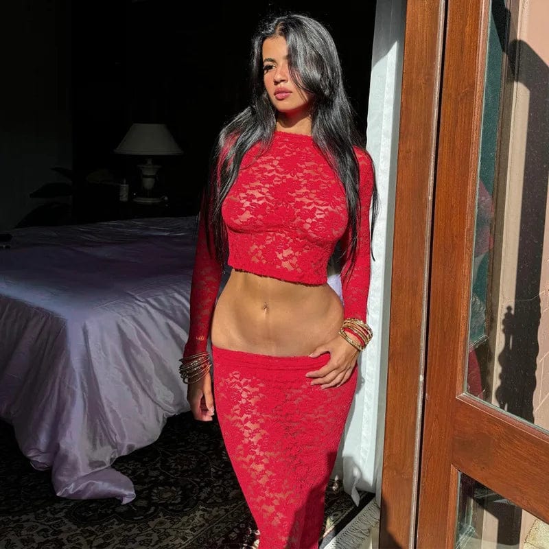 S3C15427W Lace Outfits Sexy Cami Top With Midi Skirts Set Women Fashion WomenTwo Piece Set 2024