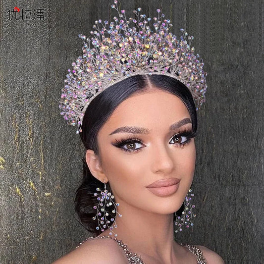 S4185F   New Crown Set AB Color Diamond Necklace Earrings Three-piece Set bridal tiara