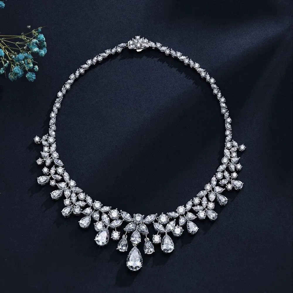 S4190006-S-W-WH Dylam Sterling Silver Waterdrop Shape Chain Necklaces Cz Cubic Zircon Necklace Earring Bridal Jewelry Sets For Women Party Gift