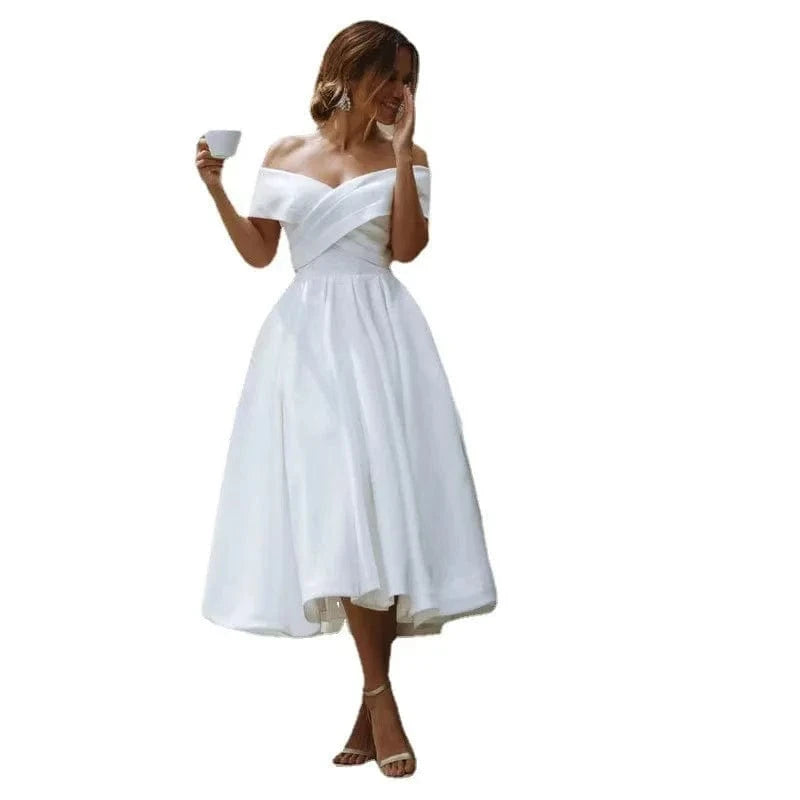 S4565F   New High Quality custom satin one-neck elegant and simple off-the-shoulder women dress for wedding party