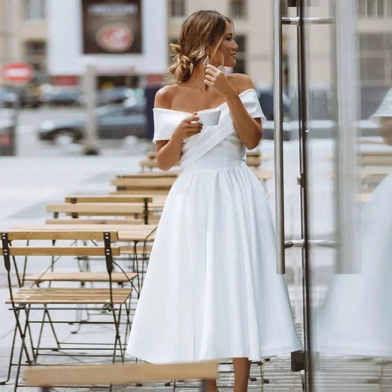 S4565F   New High Quality custom satin one-neck elegant and simple off-the-shoulder women dress for wedding party