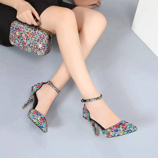 S4643F  New women's low-top pointed fashion bag princess student color-block mid-heel  shoes party heels wedding