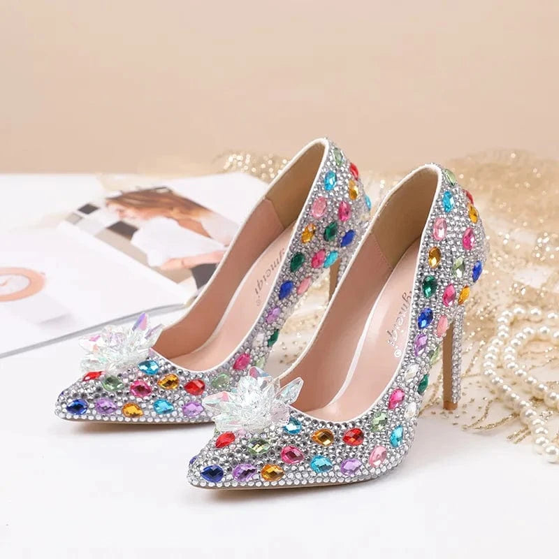 S4657F  Crystal new 11cm multi-color high-heeled stiletto low-top pointed blue banquet wedding high-heeled shoes