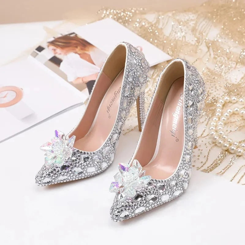 S4657F  Crystal new 11cm multi-color high-heeled stiletto low-top pointed blue banquet wedding high-heeled shoes