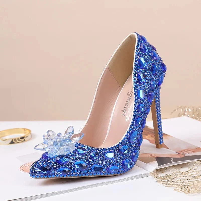 S4657F  Crystal new 11cm multi-color high-heeled stiletto low-top pointed blue banquet wedding high-heeled shoes