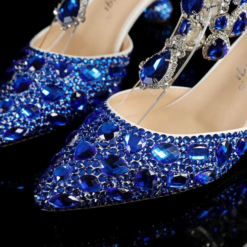 S4659F   New 5cm rhinestones are now made of viscose buckle low-top chunky heel blue pointed crystal wedding shoes