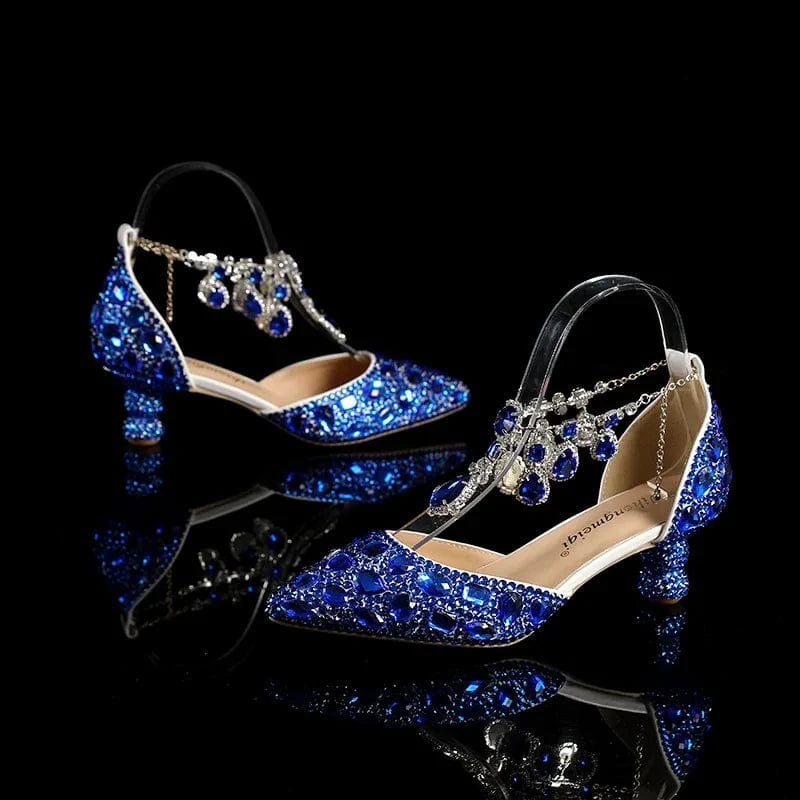 S4659F   New 5cm rhinestones are now made of viscose buckle low-top chunky heel blue pointed crystal wedding shoes