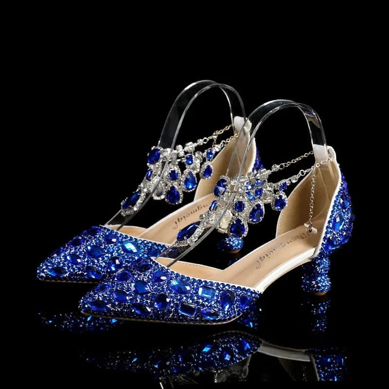 S4659F   New 5cm rhinestones are now made of viscose buckle low-top chunky heel blue pointed crystal wedding shoes