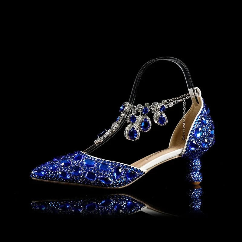 S4659F   New 5cm rhinestones are now made of viscose buckle low-top chunky heel blue pointed crystal wedding shoes