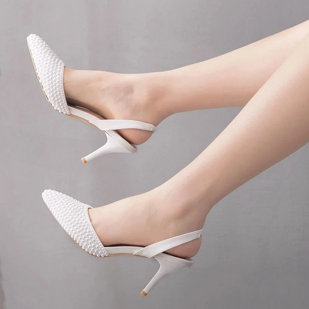 S4831F  High quality customized 7cm shallow mouth pointed toe white pearl stiletto large size wedding shoes
