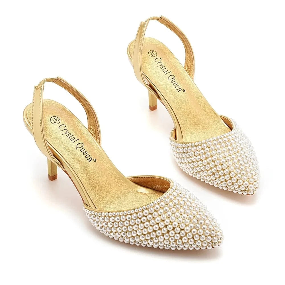 S4831F  High quality customized 7cm shallow mouth pointed toe white pearl stiletto large size wedding shoes
