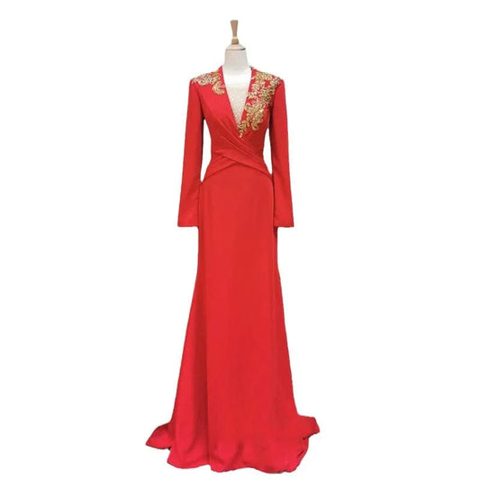 S8569F   2024 Dignified Red Hot-Selling Mermaid Silhouette Wedding Gown with Royal Design for Parties Long-Sleeved Evening Dress