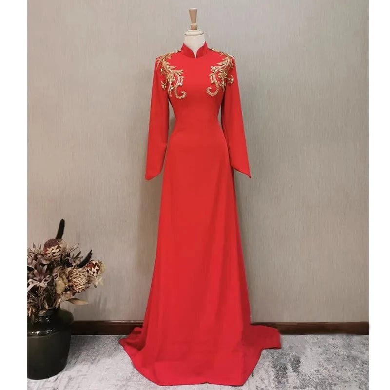 S8569F   2024 Dignified Red Hot-Selling Mermaid Silhouette Wedding Gown with Royal Design for Parties Long-Sleeved Evening Dress