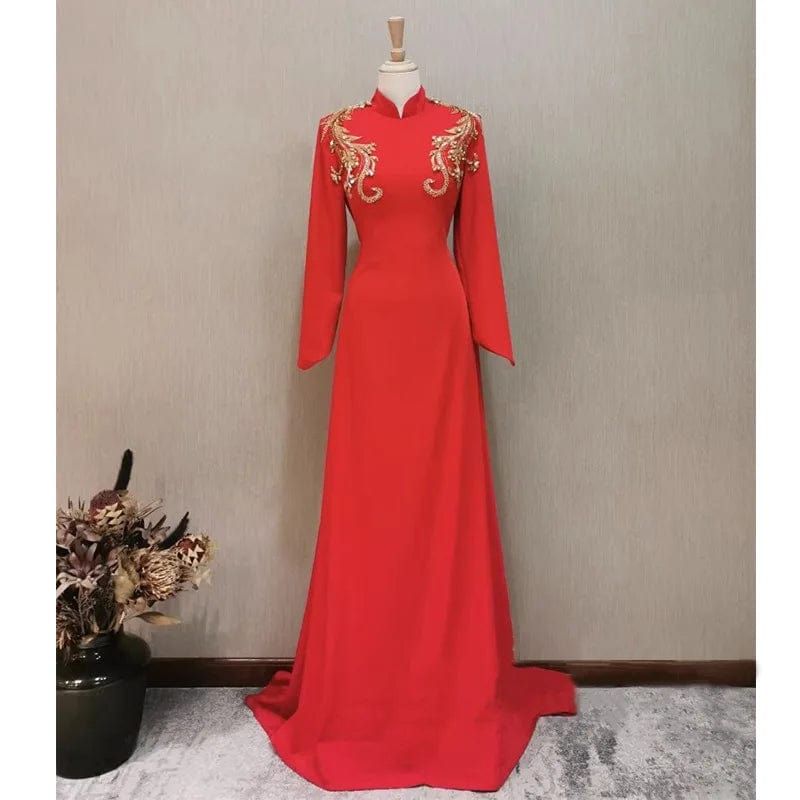 S8569F   2024 Dignified Red Hot-Selling Mermaid Silhouette Wedding Gown with Royal Design for Parties Long-Sleeved Evening Dress