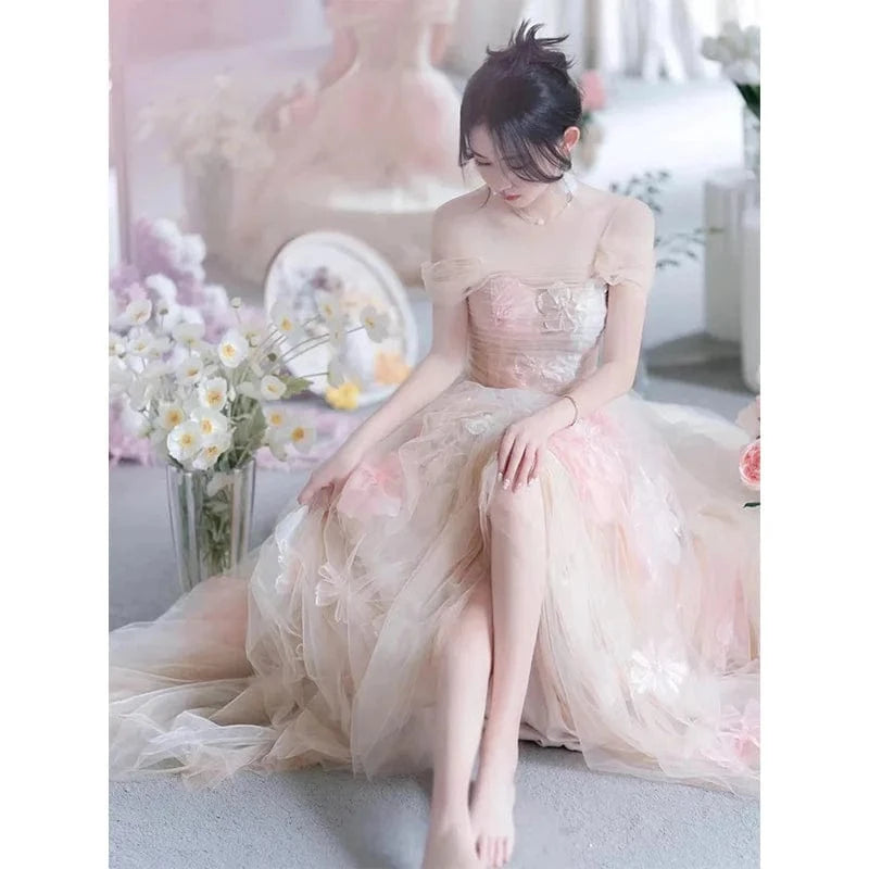 S8585F  2024 Classic Fairy-Style Shoulder Banquet  Hot-Selling New Design with Lace Pattern and Chapel Train Host Evening Dres