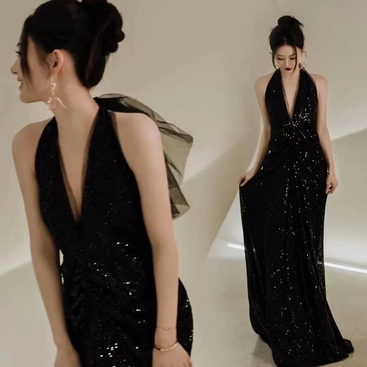 S8586F  2024 Hot Selling Black Hanging Fish Tail Banquet Host Dress for Women Sexy Lace Decoration Wrap Waistline Chapel Train