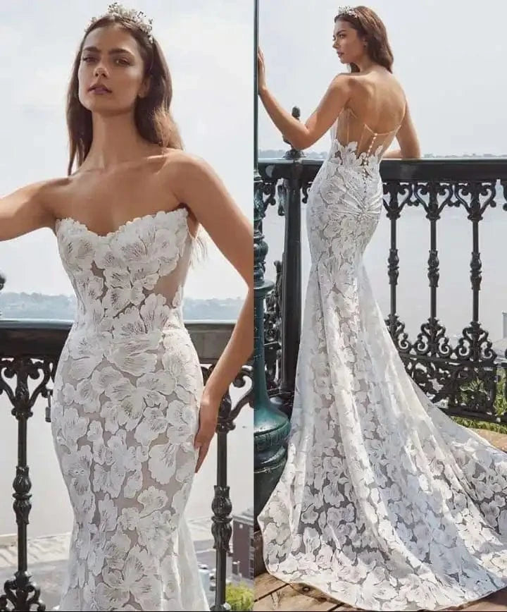 S8623F   2024  Custom Made Lace Mermaid Wedding Gown Bride Vestido De Noiva with Chapel Train Printed Technique Ball Gown Dress