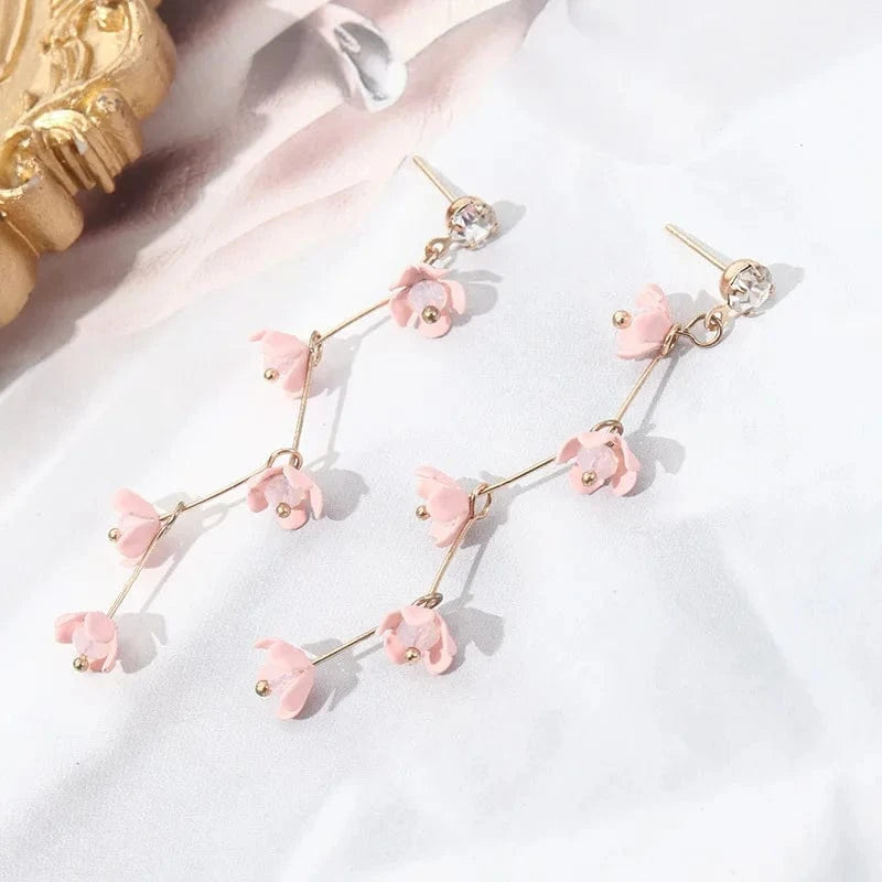 s925 Silver Needle Pink Girl Heart Bohemian Long Tassel Flower Rhinestone Temperament Popular Face Thin Petal Earrings 2022