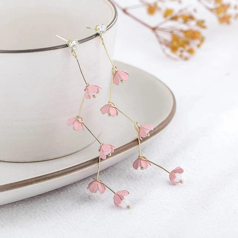 s925 Silver Needle Pink Girl Heart Bohemian Long Tassel Flower Rhinestone Temperament Popular Face Thin Petal Earrings 2022
