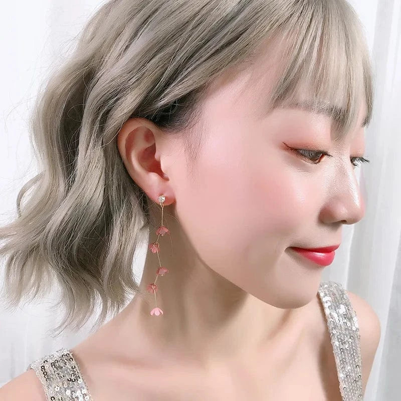 s925 Silver Needle Pink Girl Heart Bohemian Long Tassel Flower Rhinestone Temperament Popular Face Thin Petal Earrings 2022