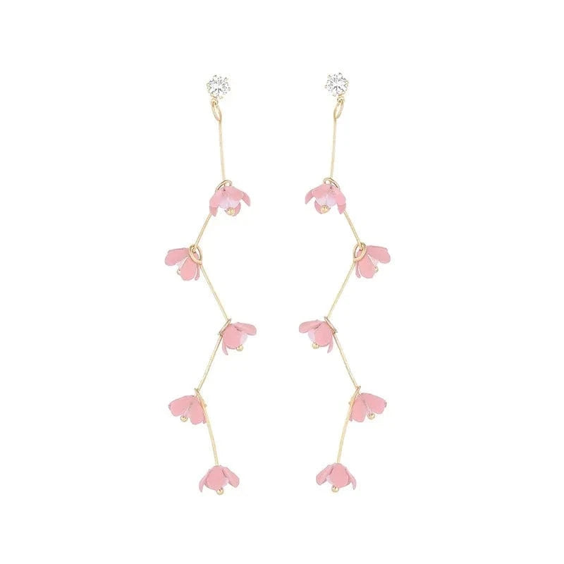 s925 Silver Needle Pink Girl Heart Bohemian Long Tassel Flower Rhinestone Temperament Popular Face Thin Petal Earrings 2022