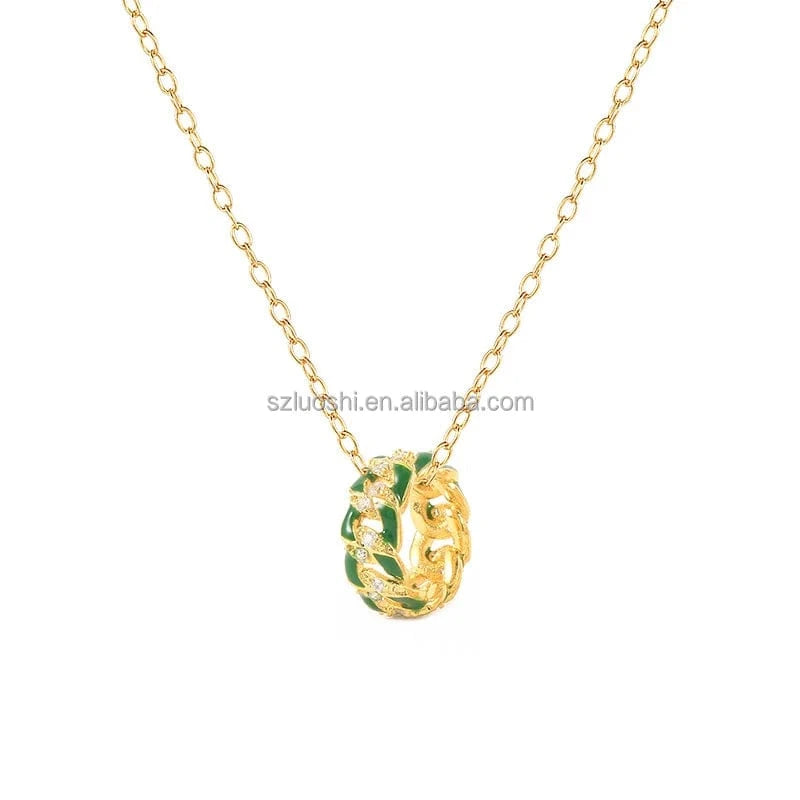 S925 Sterling Silver Neckalce / Yellow Gold-Green 2024 S925 Sterling Silver Colorful Enamel Circle Chain Women's Pendant 18k Gold Plated Clavicle Necklaces Jewelry