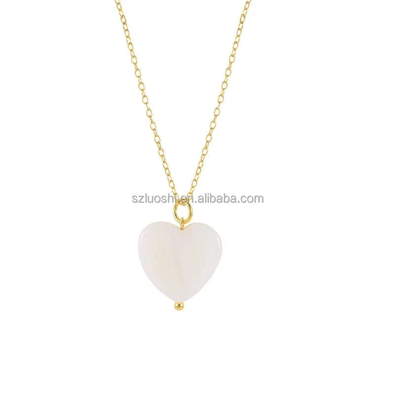 S925 Sterling Silver Neckalce / Yellow Gold-Heart 2024 Hot Sale S925 Sterling Silver Charm Geometric Love Heart Round Shape White Shell Pendant Clavicle Necklace For Women