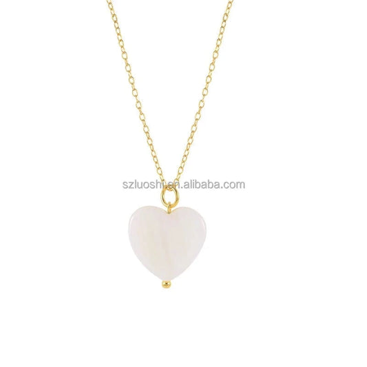 S925 Sterling Silver Neckalce / Yellow Gold-Heart 2024 Hot Sale S925 Sterling Silver Charm Geometric Love Heart Round Shape White Shell Pendant Clavicle Necklace For Women
