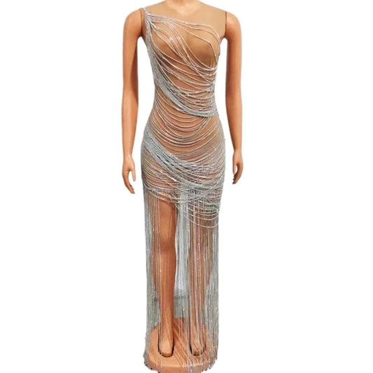 Saias Luxury Mesh See Through Rhinestones Chains Tassel Sexy Club Dresses Women Birthday Party Gowns Maxi Prom Evening Dress