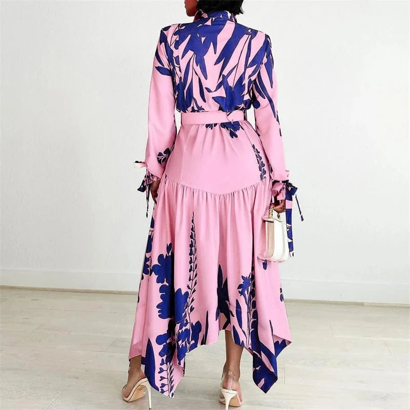 sale women lady elegant office lady business work white floral print long sleeve long shirt dress 2024 spring outfit with belt