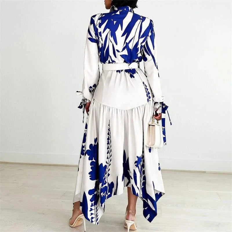 sale women lady elegant office lady business work white floral print long sleeve long shirt dress 2024 spring outfit with belt