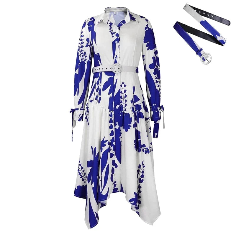 sale women lady elegant office lady business work white floral print long sleeve long shirt dress 2024 spring outfit with belt