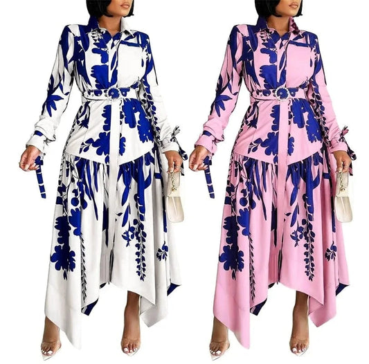 sale women lady elegant office lady business work white floral print long sleeve long shirt dress 2024 spring outfit with belt