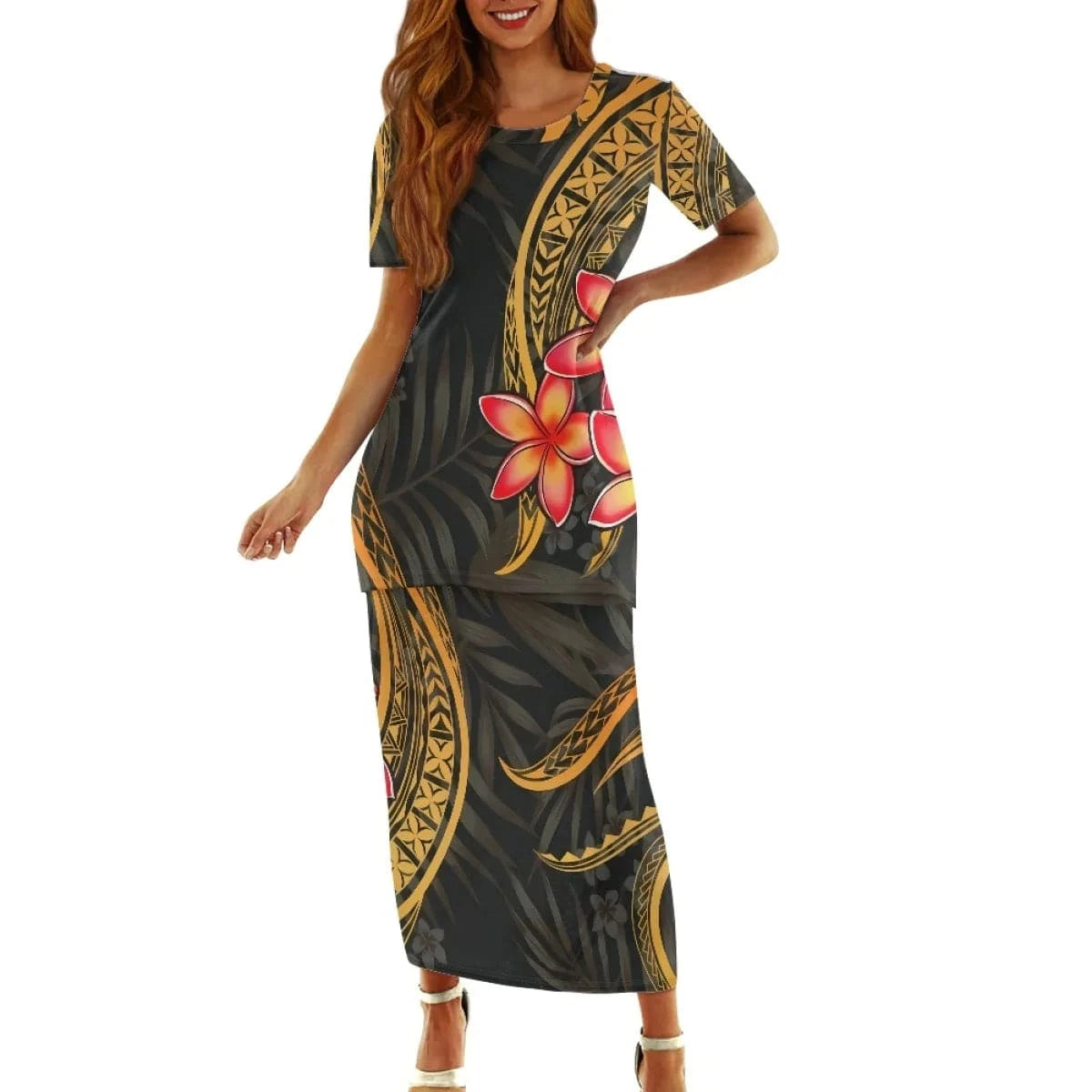 Samoan Puletasi Polynesian Tribal Clothing Print Customized Women Two Piece Islander Style Dress Sets Linen Dresses for Women