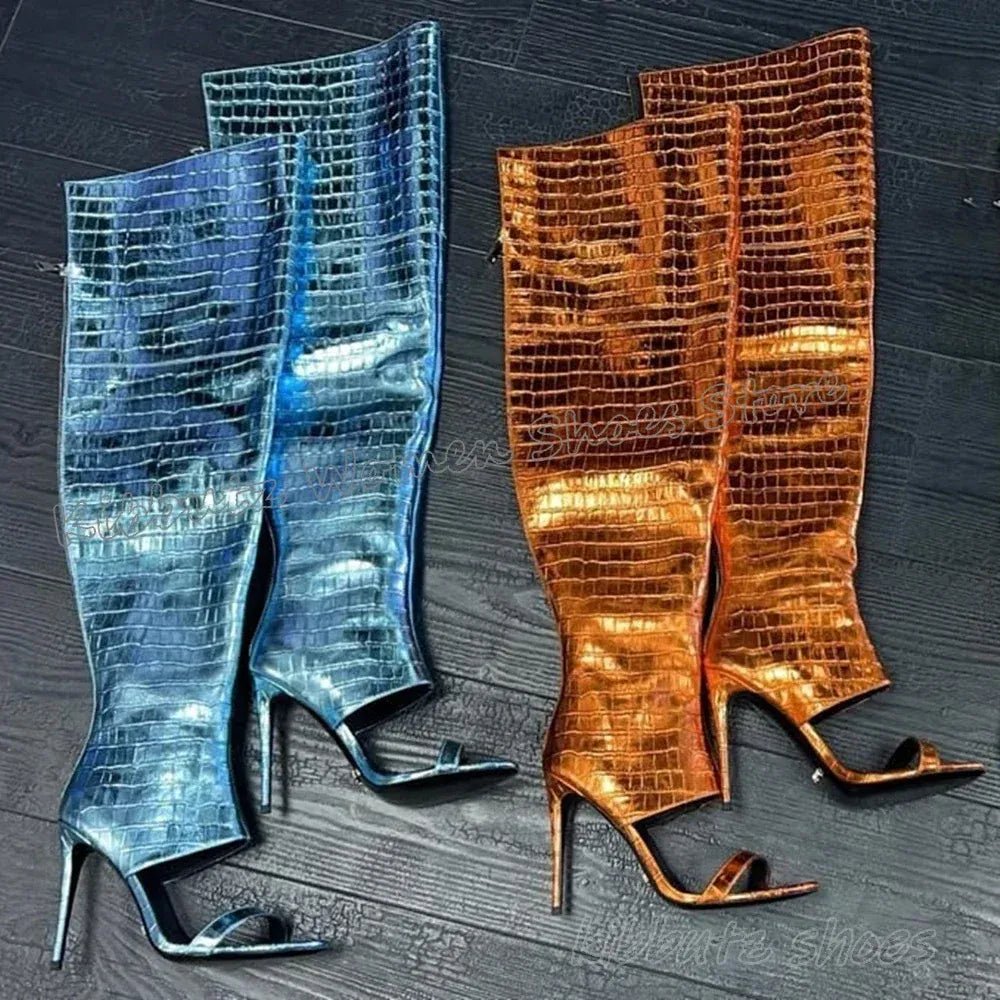 Sandal Boots Over The Knee Leather Solid Color Back Zippers Round Toe Thin Heel Fashion Elegant Concise Sexy Novelty Women Shoes - SN Wigs & More