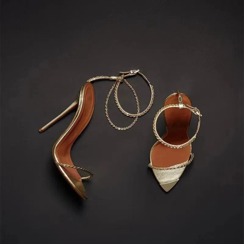 Sandalias De Tacon Fashion Design Women Metal Chain Sexy High Heels Pointy Toe Stiletto Heel Ankle Strap Sandals For Ladies