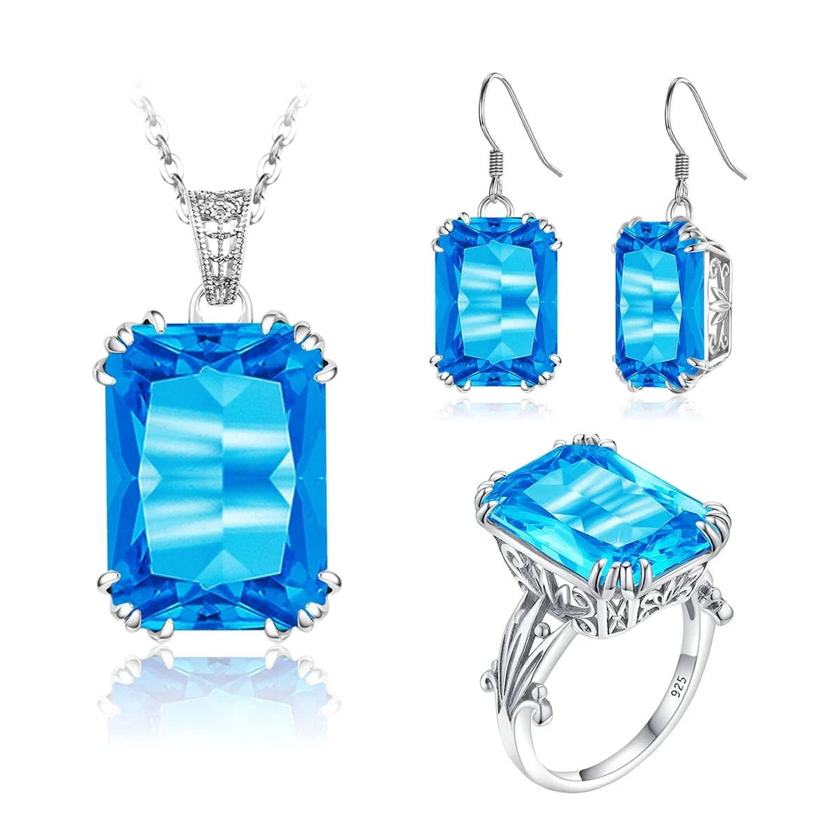 Sapphire Blue Stone Zircon Crystal Sterling Silver Jewelry Sets for Women Retro Crown Ring Pendant Earring for Party Engagement