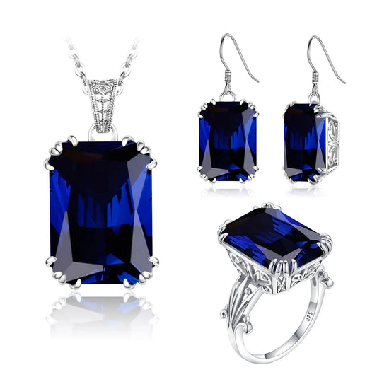 Sapphire Blue Stone Zircon Crystal Sterling Silver Jewelry Sets for Women Retro Crown Ring Pendant Earring for Party Engagement
