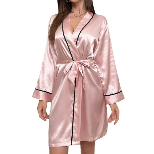 Satin Robe Valentines Lingerie for Women Kimono Bathrobe Short Ruffle Belted V Nec Robes Bridesmaids Sleepwear 2024