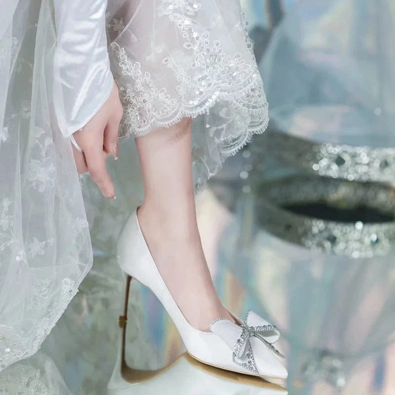 Satin White Wedding Shoes Women Tacones Mujer 2023 Pumps Pointed Toe Bow Formal Party Dress High Heels