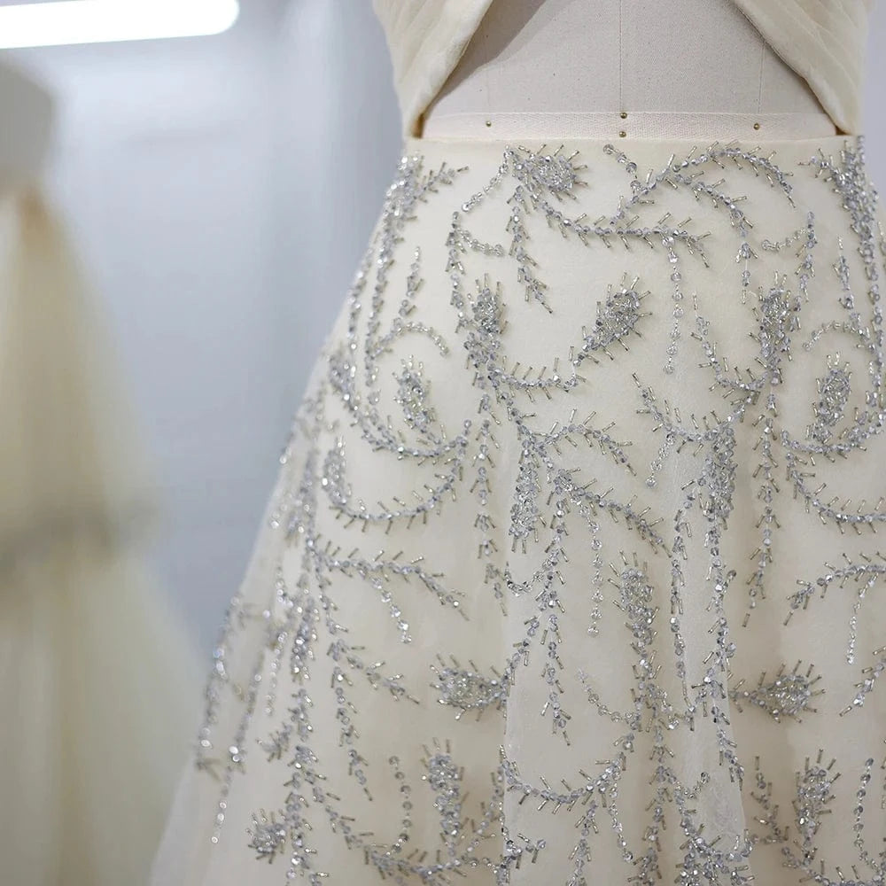 Saudi Arabic Halter Beige Dubai Evening Dress For Women Wedding Luxury Crystal Dubai Long Prom Party Dresses Sz444