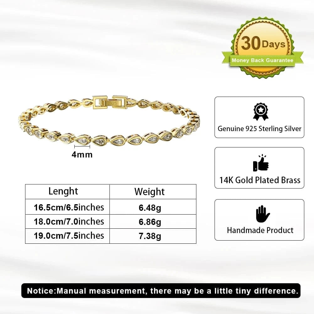 SB154 Fine Jewelry 14K Bracelets Gold Plated Pear Cut White Zirconia Bezel Setting Tennis Bracelet 925 Sterling Silver Jewelry