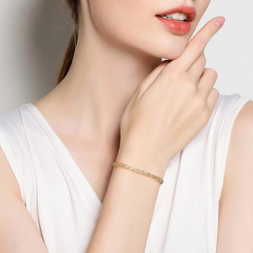 SB154 Fine Jewelry 14K Bracelets Gold Plated Pear Cut White Zirconia Bezel Setting Tennis Bracelet 925 Sterling Silver Jewelry