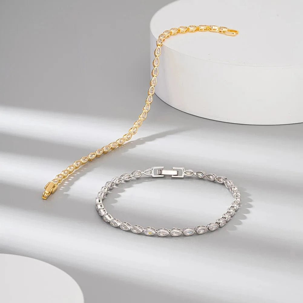SB154 Fine Jewelry 14K Bracelets Gold Plated Pear Cut White Zirconia Bezel Setting Tennis Bracelet 925 Sterling Silver Jewelry